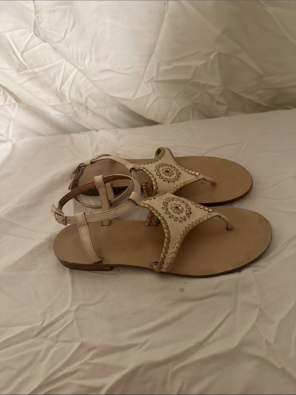 Jack Rogers Cream T-Strap Sandals with Gold Accents